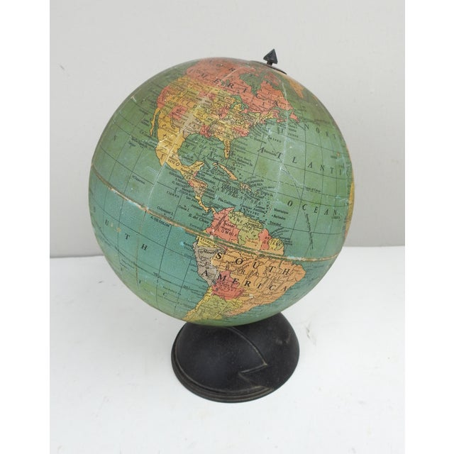Vintage 1930's 7" size Replogle child’s globe, coated paper gores over cardboard, time dial at North Pole, routes of...