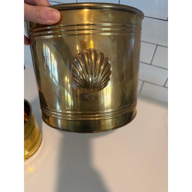 Nautical Vintage Brass Planter Set With Embossed Clam Shell Detail For Sale - Image 3 of 11