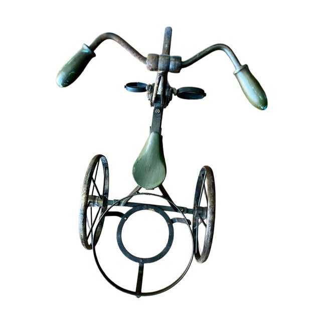 Vintage Decorative Metal Tricycle Planter With Spoked Wheels and Brass Accents For Sale - Image 16 of 17