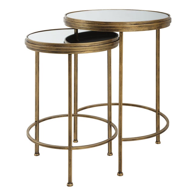 Modern Antique Brass & Mirror Round Nesting Tables - Set of 2 For Sale - Image 3 of 5