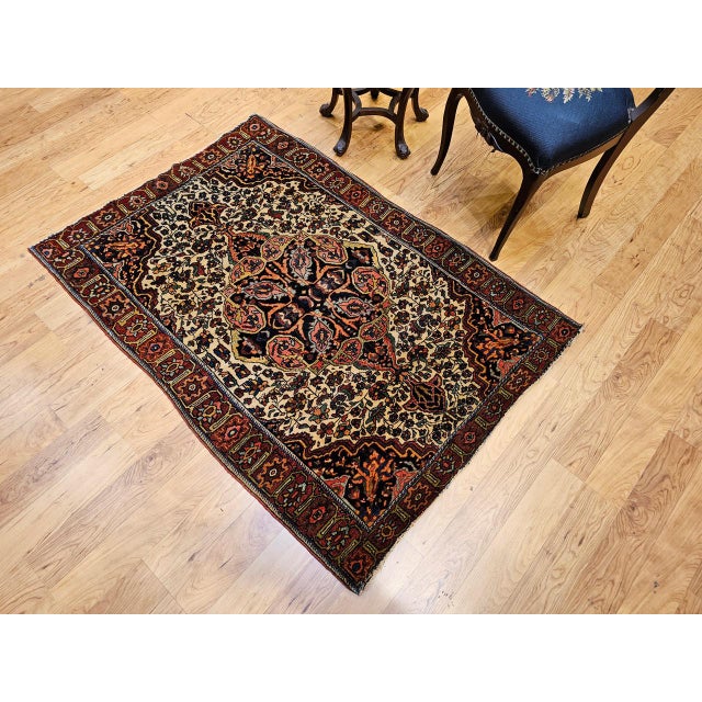 19th Century Persian Farahan Rug, Hand-Knotted Wool, Floral Pattern, Tan & Navy, 4x5 For Sale - Image 4 of 16