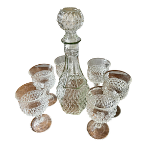 Early 20th Century Glass Decanter Set With Six Stemmed Goblets