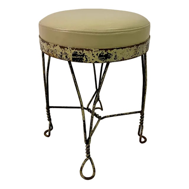 Wrought Iron and Leather Stool, 1960s For Sale