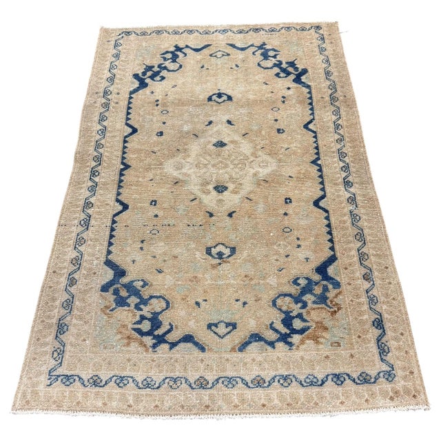 Antique Rug 3x5 | Soft Beige & Blue With Delicate Geometric Medallion For Sale - Image 4 of 5