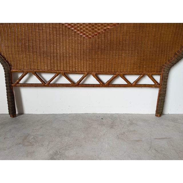 Wood Vintage Coastal Boho-Chic Arched Rattan & Wicker Queen Size Headboard With Woven Diamond Accent For Sale - Image 7 of 13