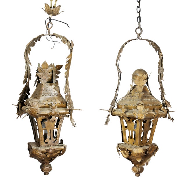 Italian Tole Hanging Lanterns - a Pair For Sale