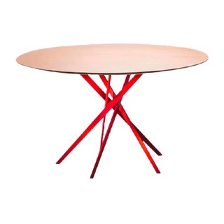 IKI Table with Red Lacquered Base & Oak Veneer Top by Marco Zanuso Jr. for Adentro For Sale