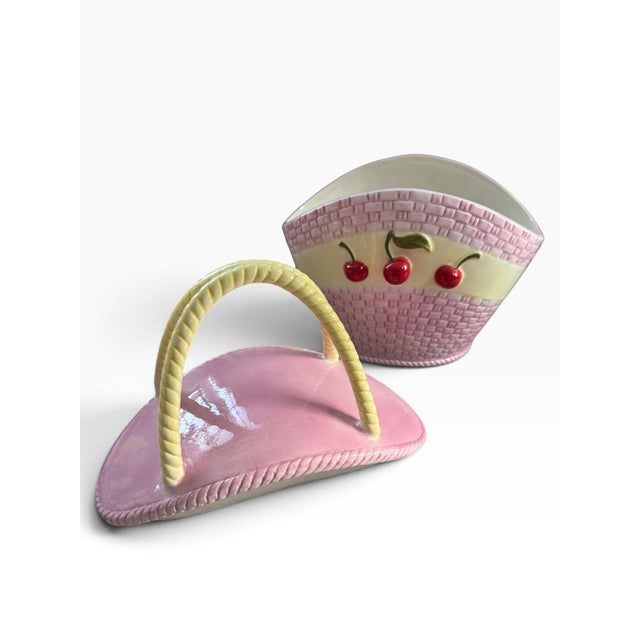 Vintage Pink Woven Basket Cherry Cookie Jar With Yellow Handle For Sale - Image 4 of 6