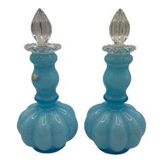 Vintage Blue Opalescent Glass Perfume Bottles With Melon-Ribbed Design by Fenton Art Glass Company - A Pair For Sale