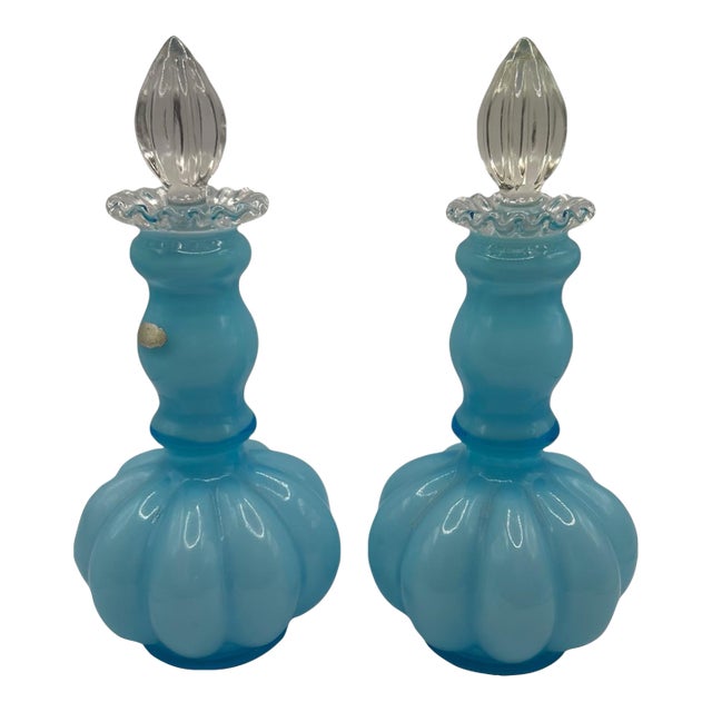 Vintage Blue Opalescent Glass Perfume Bottles With Melon-Ribbed Design by Fenton Art Glass Company - A Pair For Sale