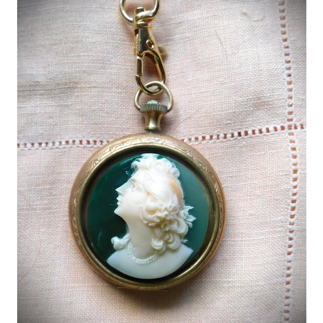 Vintage Victorian Gold Pocket Watch Locket, Green Cameo Woman, Long Art Glass Chain For Sale - Image 4 of 16