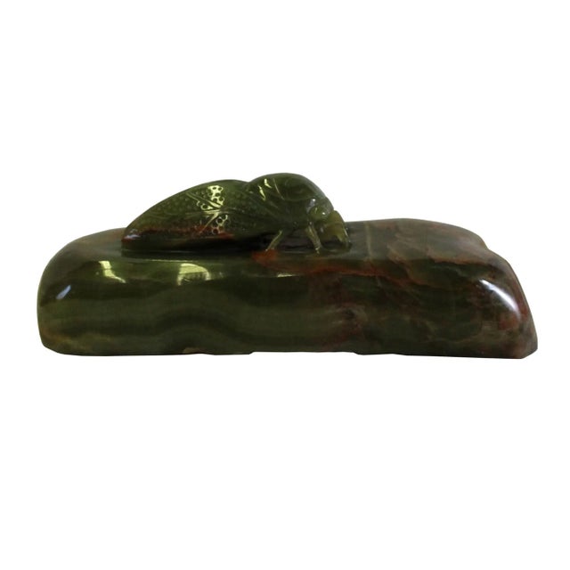 Green Chinese Oriental Stone Carved Cicada Paperweight Fengshui Display Figure For Sale - Image 8 of 8