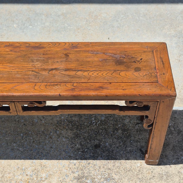 Vintage Asian Carved Elm Wood 46” Long Bench Accent Table Window Seat Plant Stand For Sale - Image 4 of 10