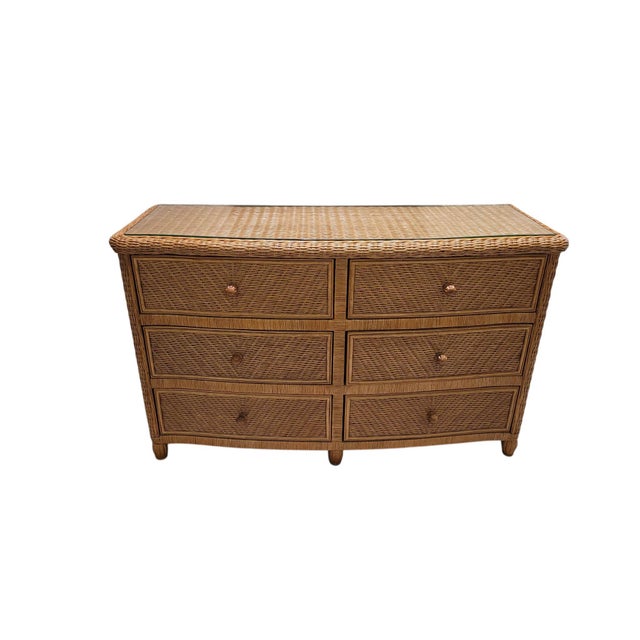 Vintage Palm Beach Regency Bowfront Wicker 6-Drawer Dresser With Glass Top For Sale - Image 4 of 13
