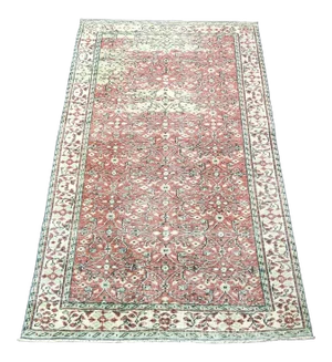 Vintage Distressed Floral Turkish Handmade Red and Beige Rug