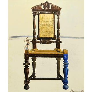 Sense of Change by Aleksey Ivanov | Oil Painting of a chair with a figure and inscriptions For Sale