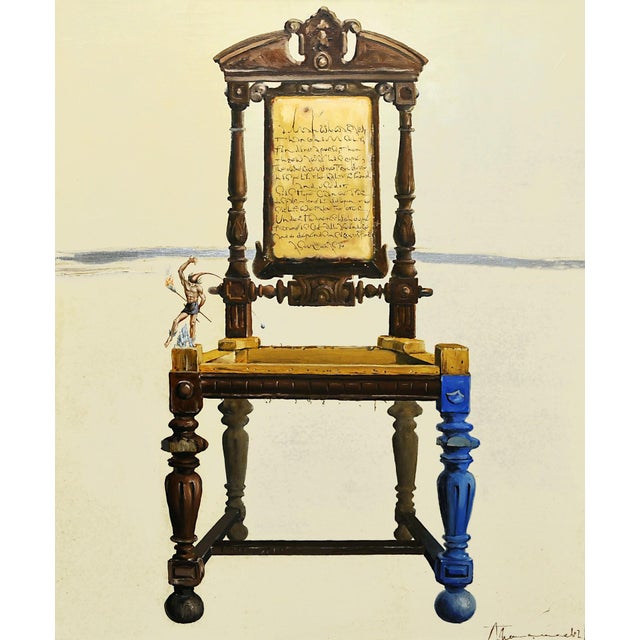 Sense of Change by Aleksey Ivanov | Oil Painting of a chair with a figure and inscriptions For Sale