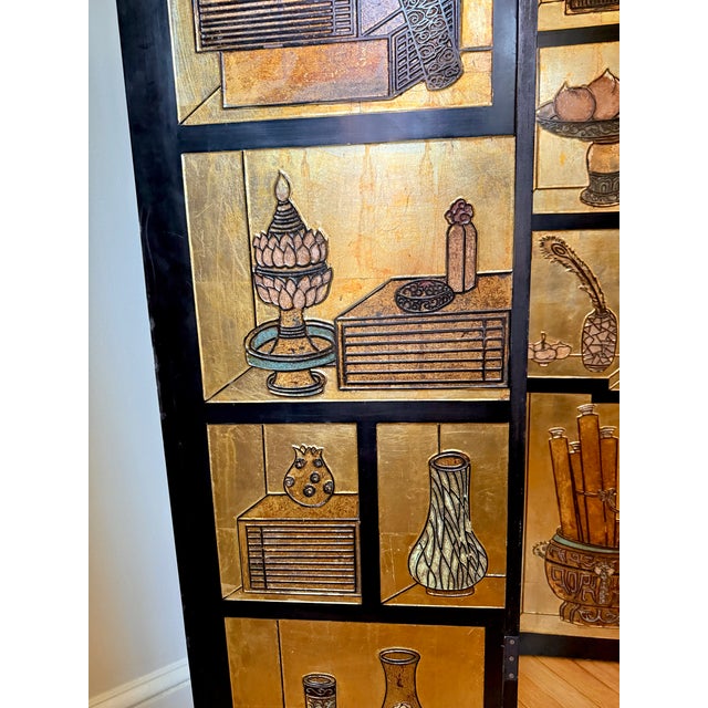 1970s Chinese Six-Panel Carved Gold Lacquered Coromandel Screen For Sale - Image 9 of 12