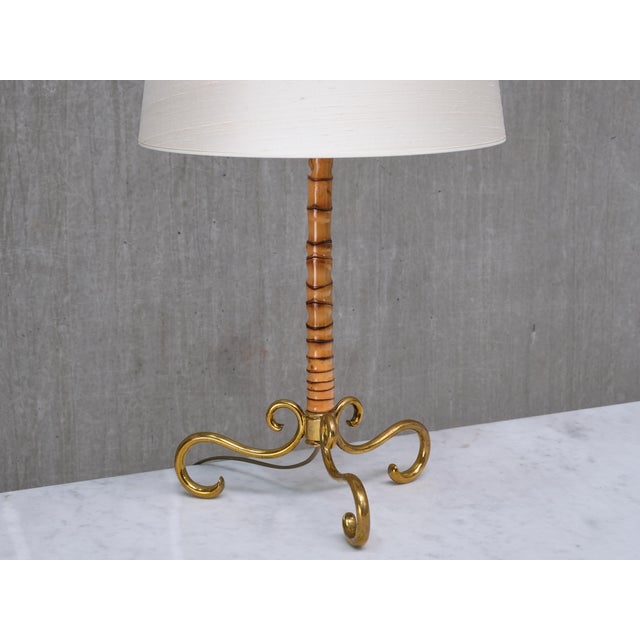 Brass and Bamboo Table Lamp with Silk Shade attributed to J. T. Kalmar, Austria, 1950s For Sale - Image 4 of 10