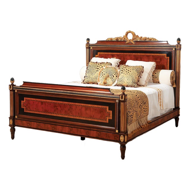Italian Empire Style Bed With Burl Wood Panels and Brass Accents For Sale
