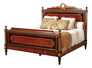 Italian Empire Style Bed With Burl Wood Panels and Brass Accents