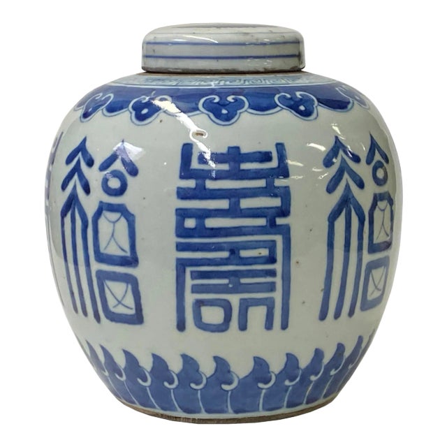 Hand-Paint Fok Longevity Characters Blue White Porcelain Ginger Jar For Sale