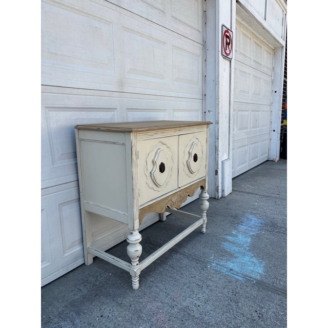 Shabby Chic Farmhouse Distressed Neutral Cabinet | Vintage Rustic Sideboard | Shabby Chic Painted Console | Entryway Storage Cabinet | Wood Bar Cabinet For Sale - Image 3 of 11
