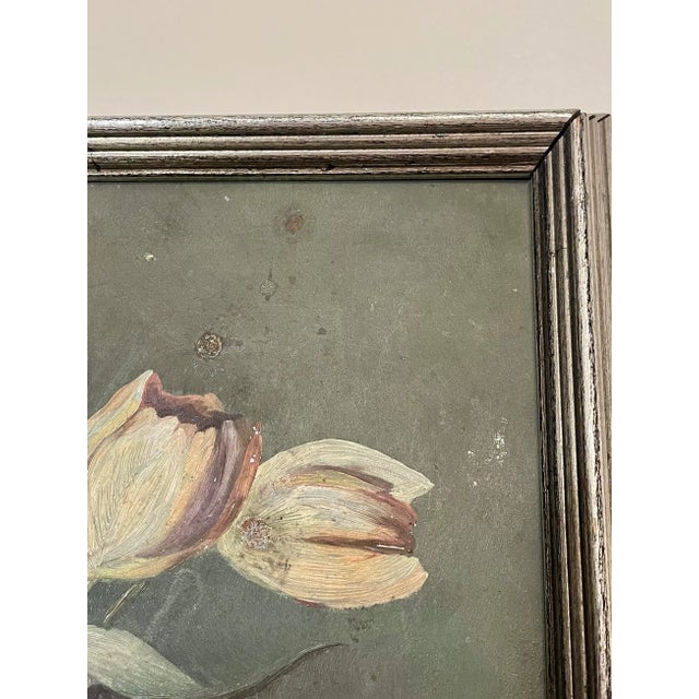 Realism Antique Dutch Renaissance Floral Still Life Original Framed Oil Painting on Tin in Silver, White, Blush For Sale - Image 3 of 12