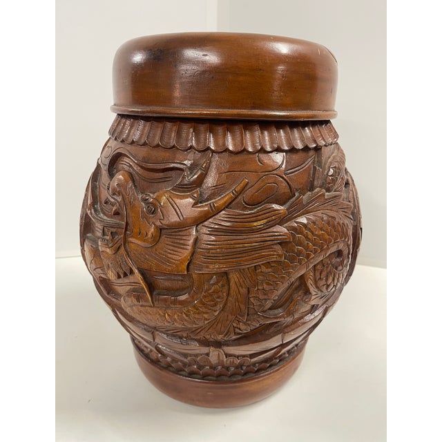 Antique Hand Carved Wooden Hollow Drum-Shaped Chinese Garden Stools—A Pair For Sale - Image 12 of 16