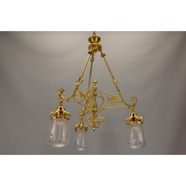 French Art Nouveau Brass and Frosted Glass Three-Light Chandelier, circa 1920 For Sale - Image 15 of 18