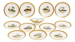 Porcelain Plates and Sauce Boat Fish Decoration from Limoges, 1980s, Set of 13