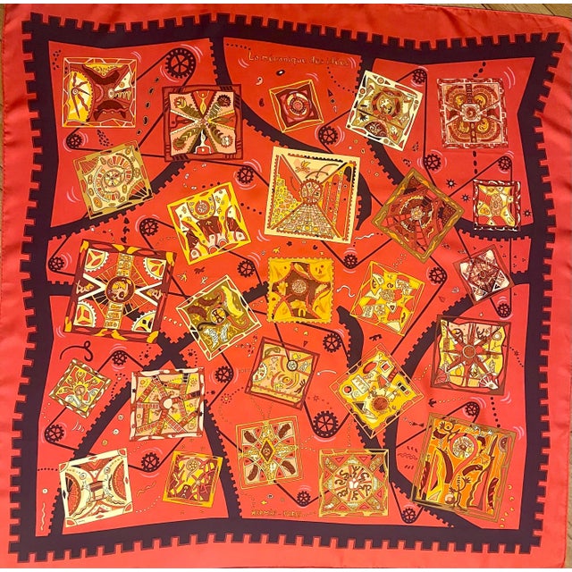 Red HERMES MÉCANIQUE des IDÉES red silk scarf designed Henry Christine 2004 France For Sale - Image 8 of 14