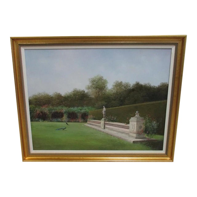 1980s French Gold Gilt Carved Framed Peacocks Audubon Lawn Oil Painting For Sale
