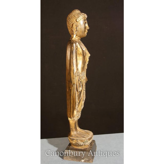 Gilded Hand Carved Standing Buddha Statue Tibetan Buddhist Art For Sale - Image 6 of 8