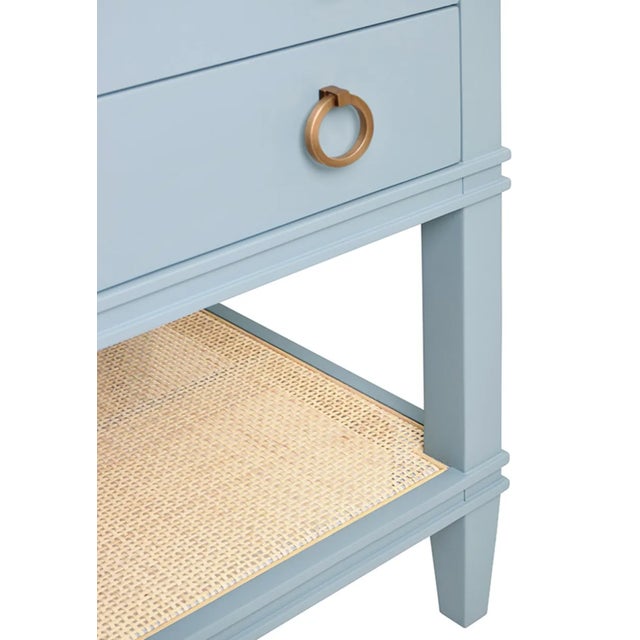 Contemporary Matthew Izzo Home Cutler Light Blue Matte Lacquer Single Sink, Two Drawer Bath Vanity With Open Can Shelf and Brass Drawer Pulls For Sale - Image 3 of 7