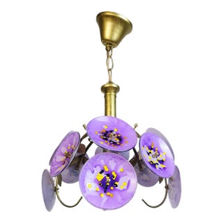 Vintage Floral Glass Chandelier Hand Painted Purple Ceiling Light One of a Kind Statement Lighting For Sale