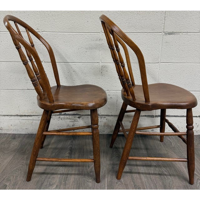 Wood Antique Rustic Farmhouse Windsor Hoop Back Bow Back Spindle Dining Chairs - Pair For Sale - Image 7 of 10