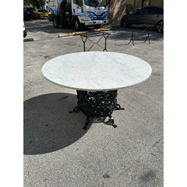 1940s French Art Deco Cast Iron Base Round Carrara Marble Top Dining Table For Sale - Image 11 of 13
