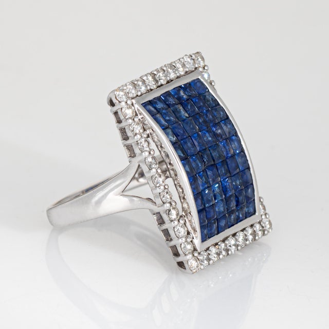 Contemporary Invisible Set Sapphire Diamond Ring Large Square Cocktail 18k White Gold Sz 8 For Sale - Image 3 of 7