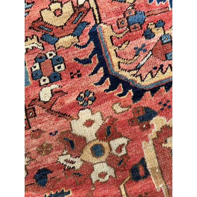 Antique Heriz Village Carpet Rare Camel Border with Coral Ground in Naive Harshang Design with Sickle Leaf Motif Rug 9.4 x 11.4 For Sale - Image 4 of 16