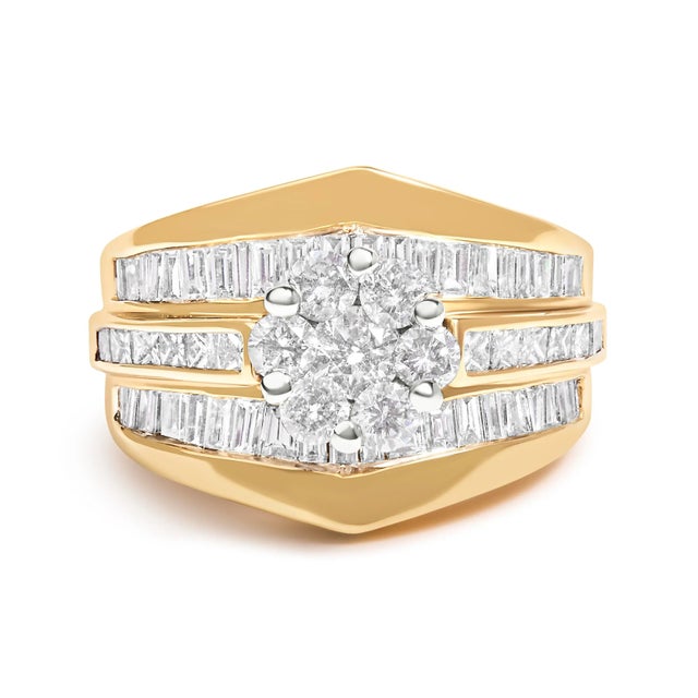14K Yellow Gold 2-1/3 Cttw Diamond Cluster Channel Set Chevron Shaped Engagement Ring (H-I Color, SI1-SI2 Clarity) - Ring Size 7.5 For Sale