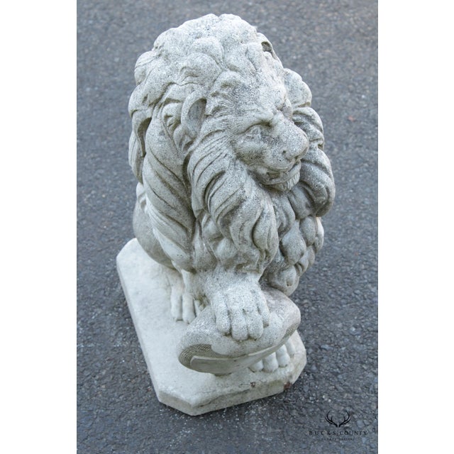 Vintage Cast Stone Lion with Shield Garden Statue For Sale In Philadelphia - Image 6 of 12