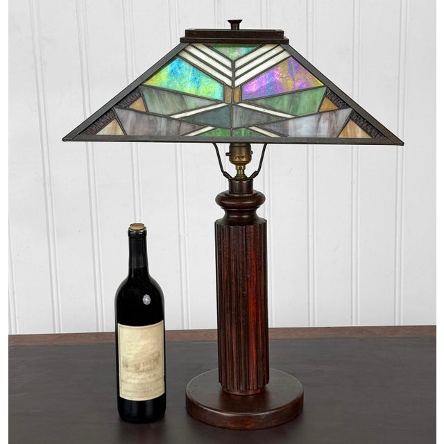 An Art & Crafts Slag Glass Lamp c.1920's Heavily Detailed Leaded Slag Glass with Predominate Green & Luster Panels Shade...