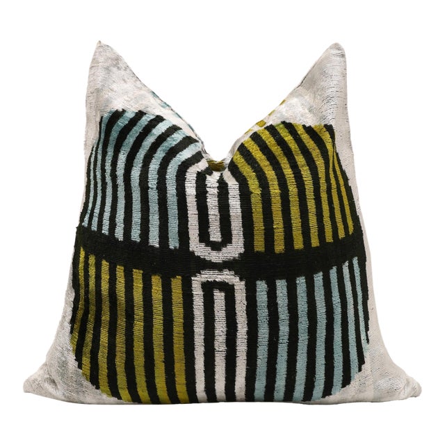 Handmade Geometric Silk Velvet Lumbar Pillow 20x20 Inch For Sale
