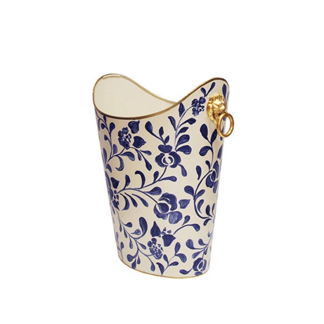 New special order item. Not vintage. Hand painted tole metal wastebasket with ink blue vine design, floral accent, raised...