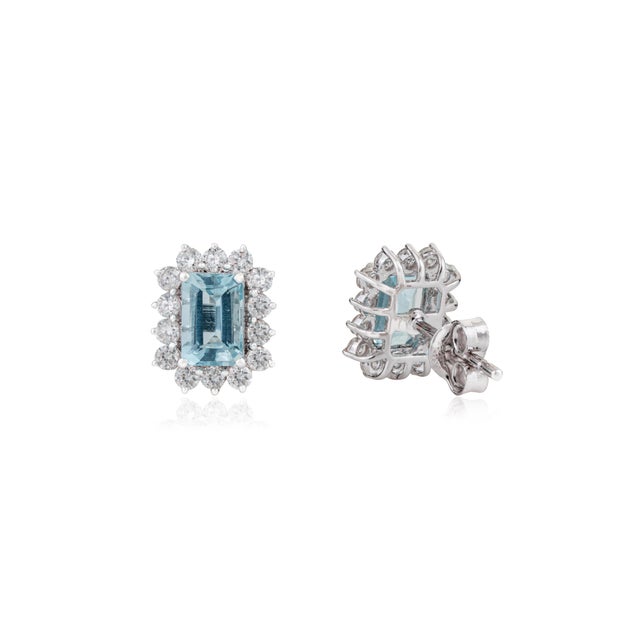 Metal 1.14ct Emerald Cut Aquamarine & Diamond Halo Stud Earrings in 14k White Gold- A Pair For Sale - Image 7 of 15