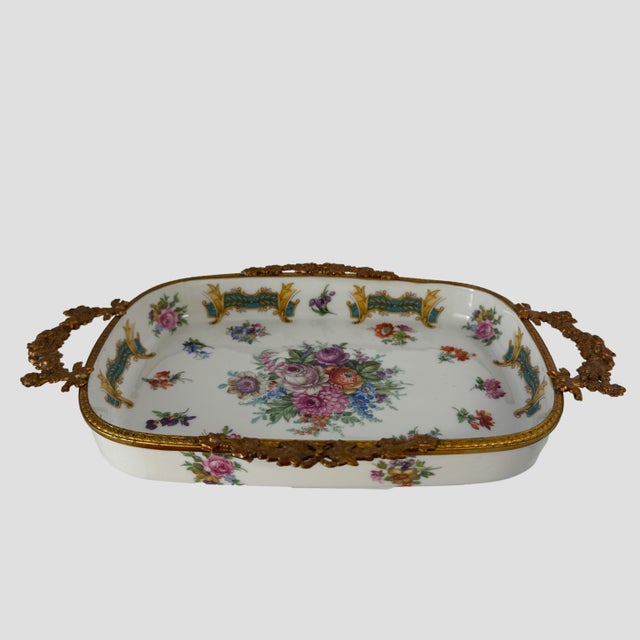 Rococo Vintage French Limoges Hand-Painted Porcelain & Gilt Metal Floral Tray For Sale - Image 3 of 10