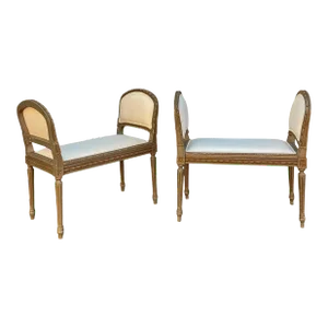 Early French Louis XVI Style Painted Carved Fruitwood Benches / Ottomans -Pair