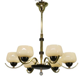 Italian Brass Chandelier with Opaline Glass Shades, 1950s For Sale