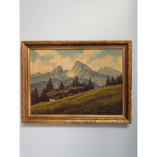 Large, vintage, mid-century landscape oil painting on wood of Watzman Mountain, by 20th century artist Shirley Moskowitz...